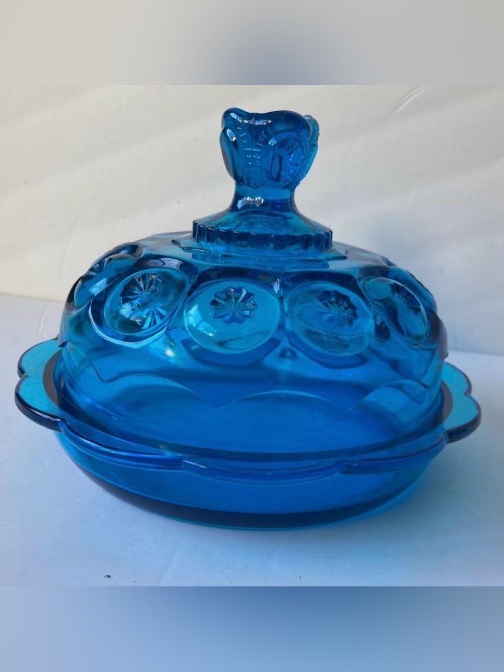 L.E. Smith Cobalt Blue Moon & Stars Covered Candy Dish | Vintage Pressed Glass